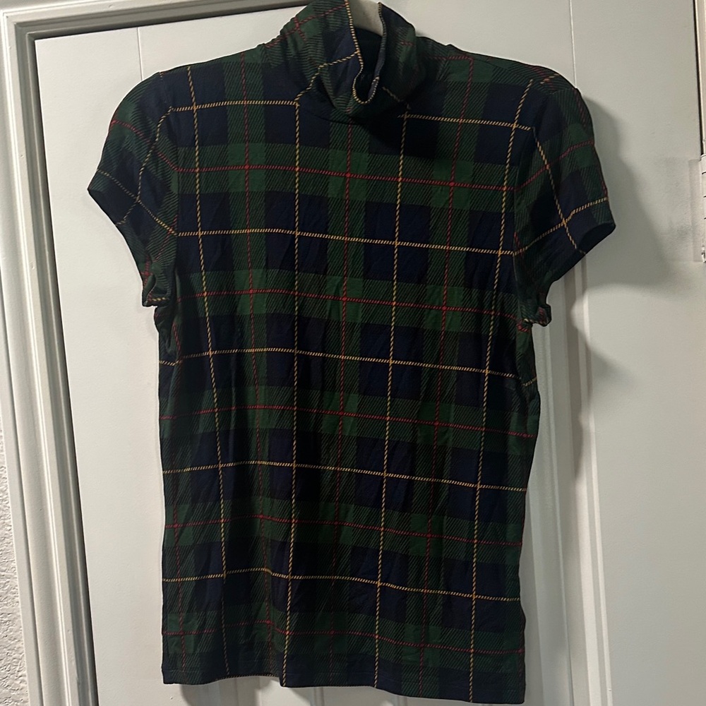 Ralph LaurenTurtleneck Plaid Short-Sleeve Shirt - Green/Navy